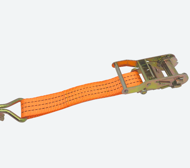 Orange ratchet strap for cargo securing, heavy duty truck load tie down strap