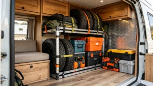 Camper van interior, L‑Track rail system organize camping gears and tools
