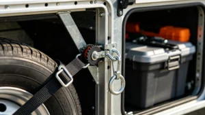 L‑track fitting with ratchet strap securing spare tire inside cargo van