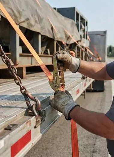 Worker fastening cargo with ratchet strap on flatbed trailer