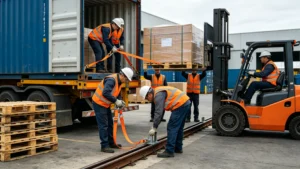 Workers secure cargo with L‑track