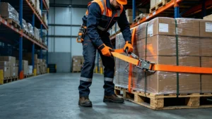 worker-tighten-ratchet-strap-secure-pallet-cargo-warehouse