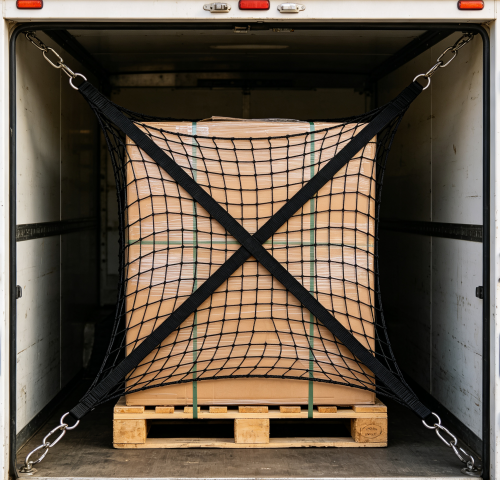 Adjustable heavy duty cargo net securing loads inside trailer for logistics transportation